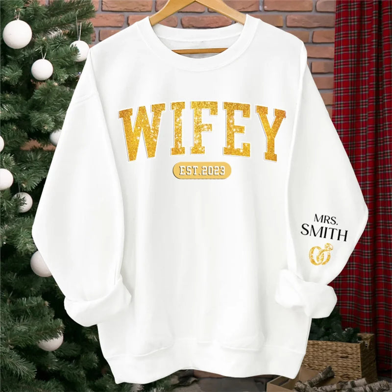Mrs Est - Couple Personalized Custom Unisex Sweatshirt With Design On Sleeve - Gift For Husband Wife, Anniversary