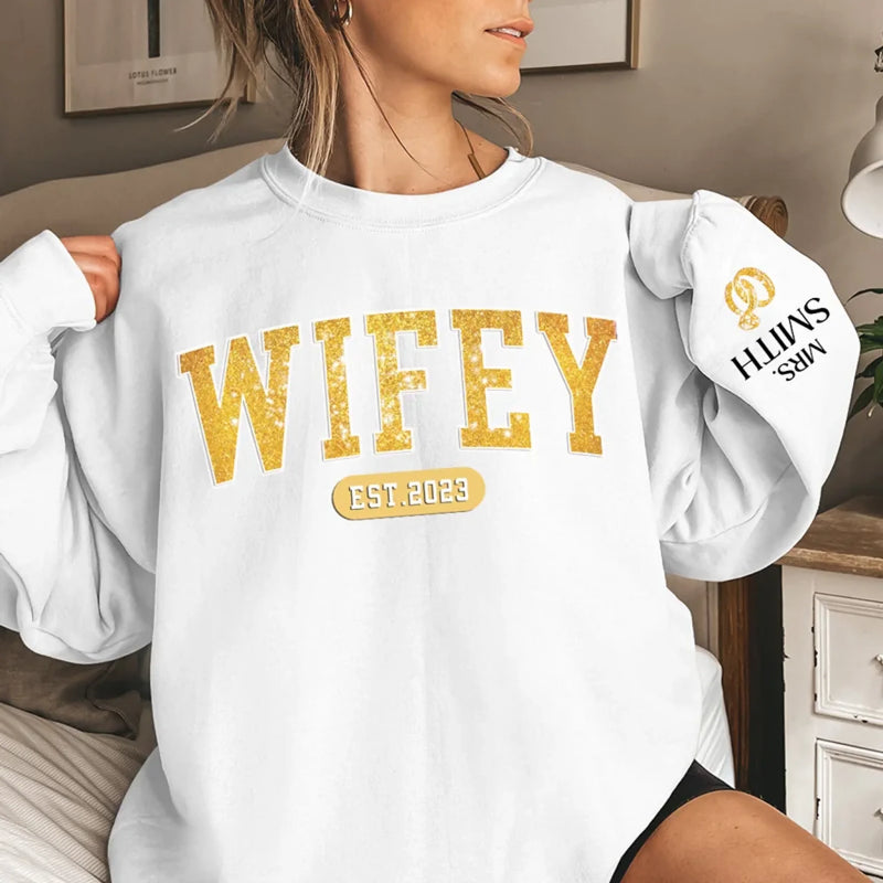 Mrs Est - Couple Personalized Custom Unisex Sweatshirt With Design On Sleeve - Gift For Husband Wife, Anniversary