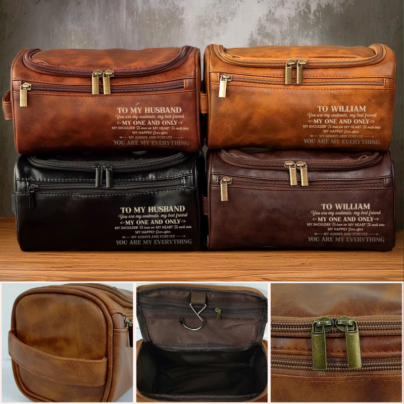 Personalised Leather Toiletry Bag – Birthday Gift for Husband – With You, Life Feels Right