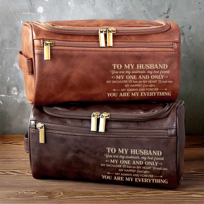 Personalised Leather Toiletry Bag – Birthday Gift for Husband – With You, Life Feels Right