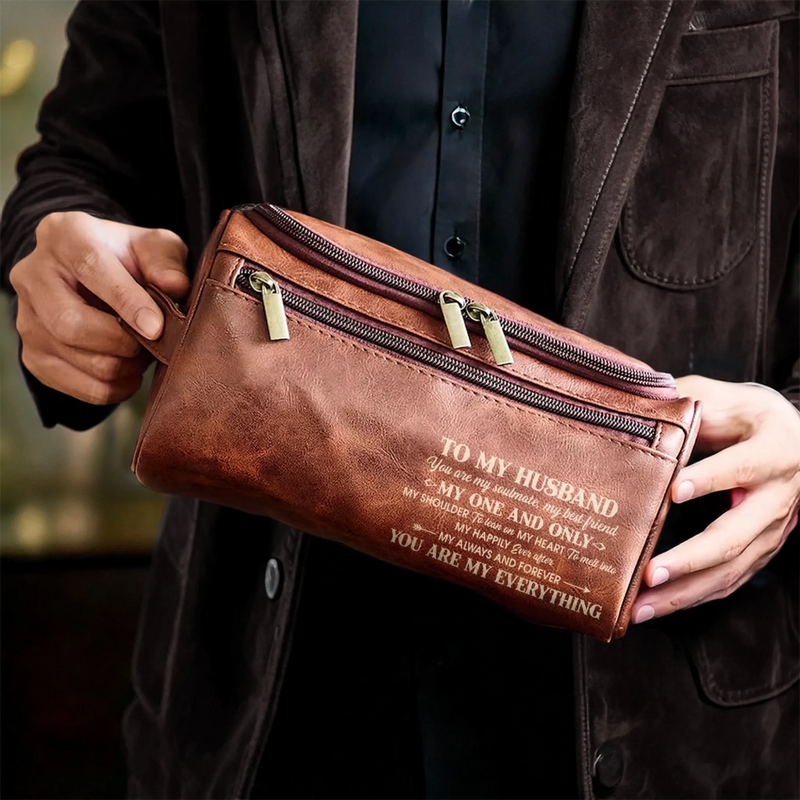 Personalised Leather Toiletry Bag – Birthday Gift for Husband – With You, Life Feels Right