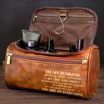 Personalised Leather Toiletry Bag – Birthday Gift for Husband – With You, Life Feels Right