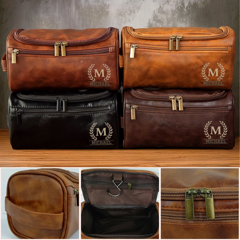 Personalised Leather Toiletry Bag – Birthday Gift for Dad, Brother, Grandpa or Husband – Built for Every Path