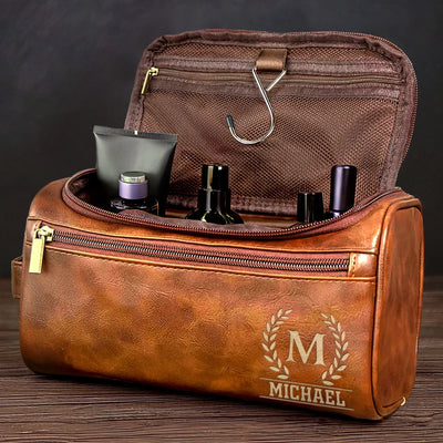 Personalised Leather Toiletry Bag – Birthday Gift for Dad, Brother, Grandpa or Husband – Built for Every Path
