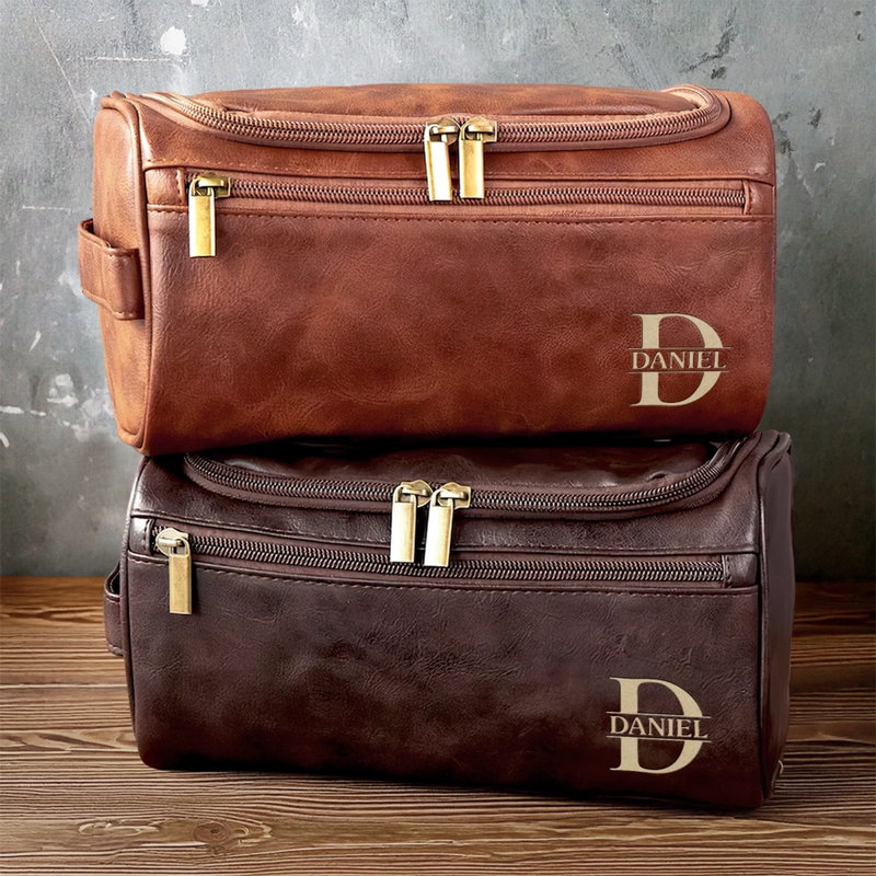 Personalised Leather Toiletry Bag – Birthday Gift for Dad, Brother, Grandpa or Husband – For the Man Who’s Always on the Move