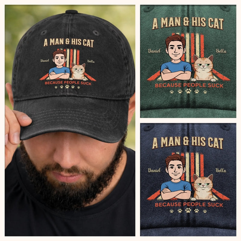 Personalised Vintage Washed Denim Cap – Birthday Gift for Cat Lovers or Cat Mum and Dad – My Cat Is My Boss