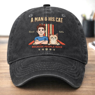 Personalised Vintage Washed Denim Cap – Birthday Gift for Cat Lovers or Cat Mum and Dad – My Cat Is My Boss