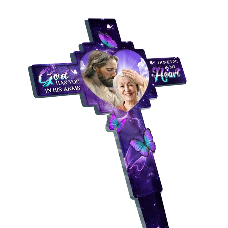Personalised Photo Memorial Garden Stake – Stained Glass Style Acrylic – God Has You in His Arms”