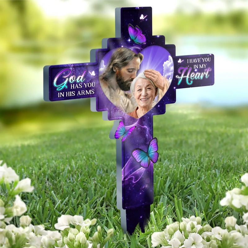 Personalised Photo Memorial Garden Stake – Stained Glass Style Acrylic – God Has You in His Arms”