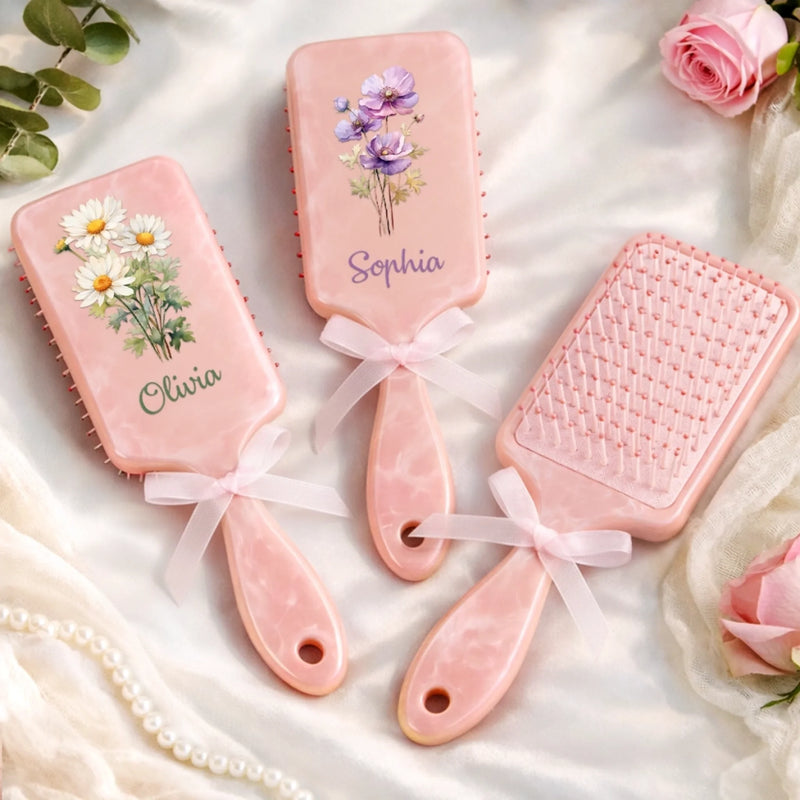 Personalised Birth Flower Paddle Hair Brush – Gift for Her – A Touch of Floral Charm