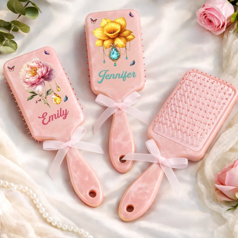 Personalised Birth Flower Paddle Hair Brush – Gift for Her – Bloom with a Little Sparkle