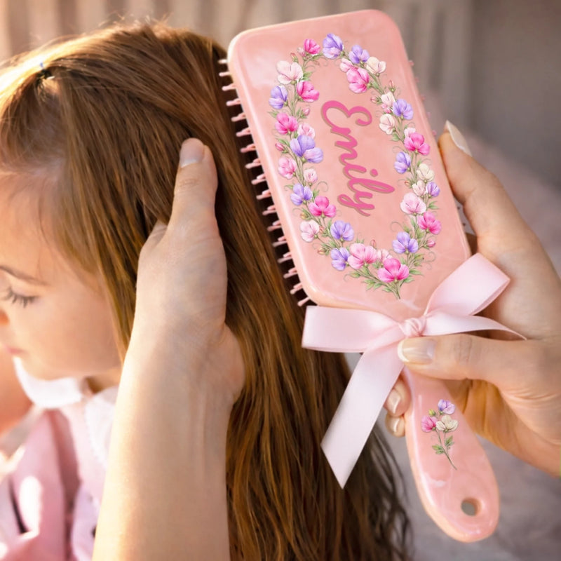 Personalised Birth Flower Paddle Hair Brush – Gift for Her – Feminine Charm in Full Bloom