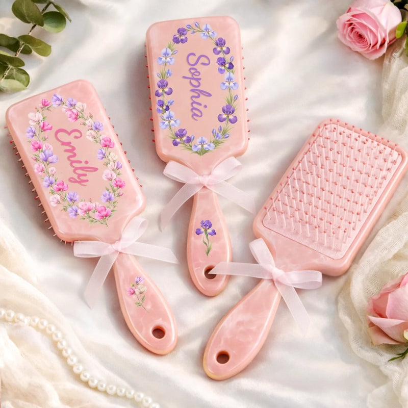 Personalised Birth Flower Paddle Hair Brush – Gift for Her – Feminine Charm in Full Bloom