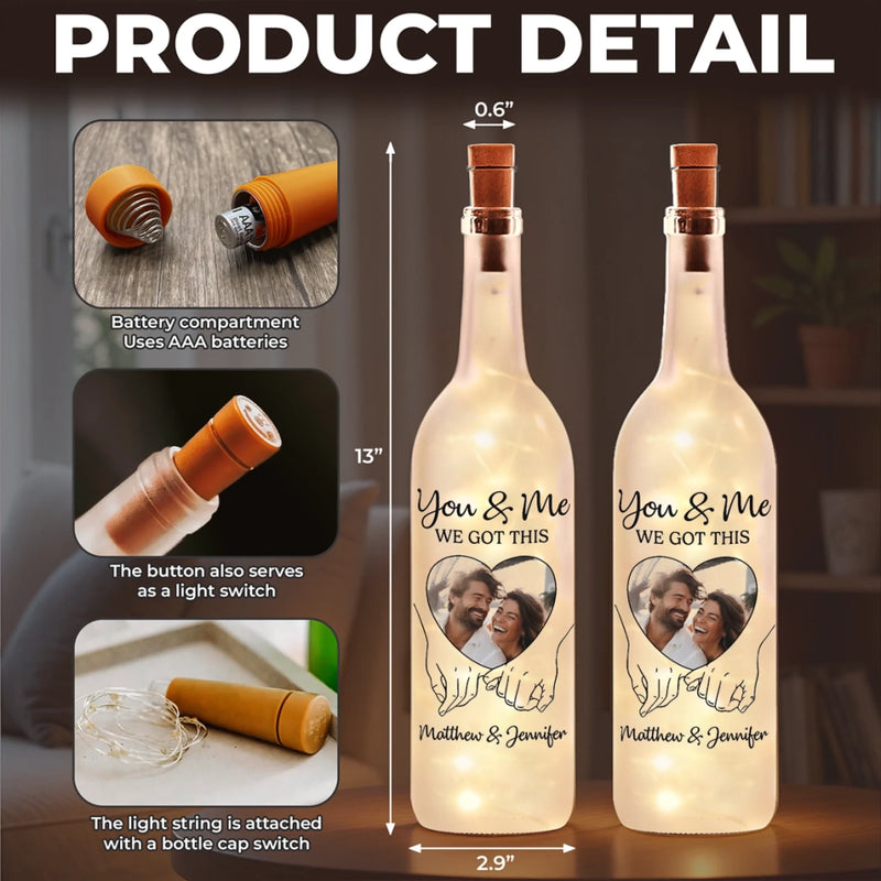 Custom Photo Bottle Lamp - Personalized Anniversary Wedding Gifts For Husband And Wife, Him And Her - Hand In Hand, We Conquer All