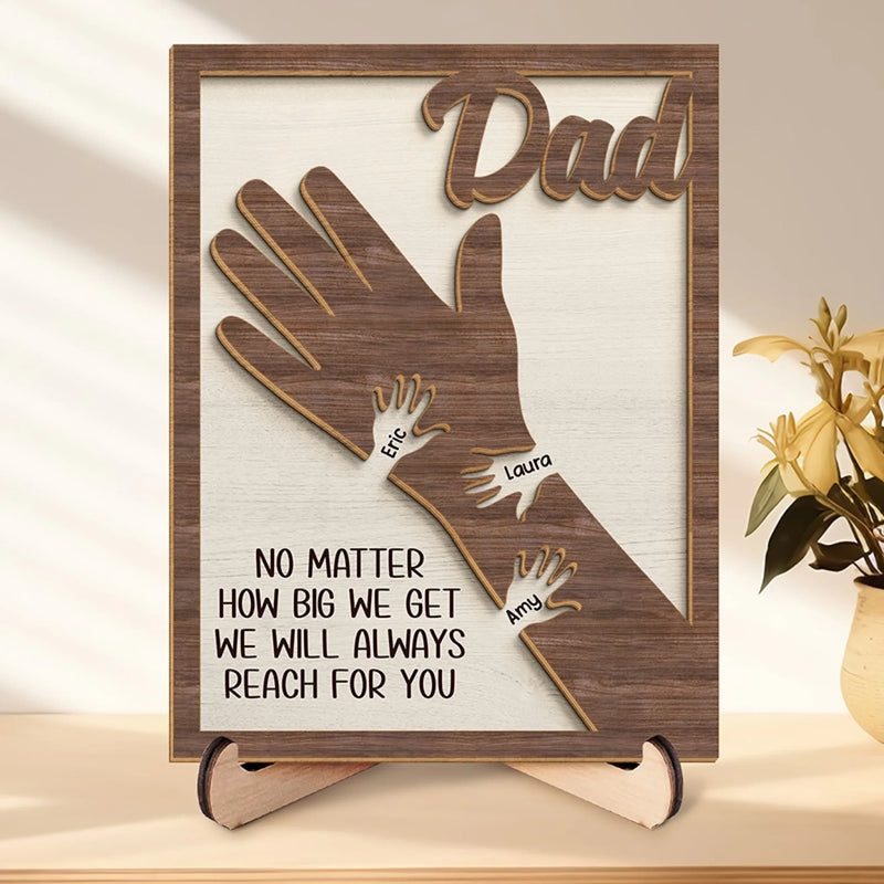 Personalised Family 2-Layer Wooden Plaque with Stand – Father’s Day Gift for Dad or Grandad – We Hold Our Hands Together Forever