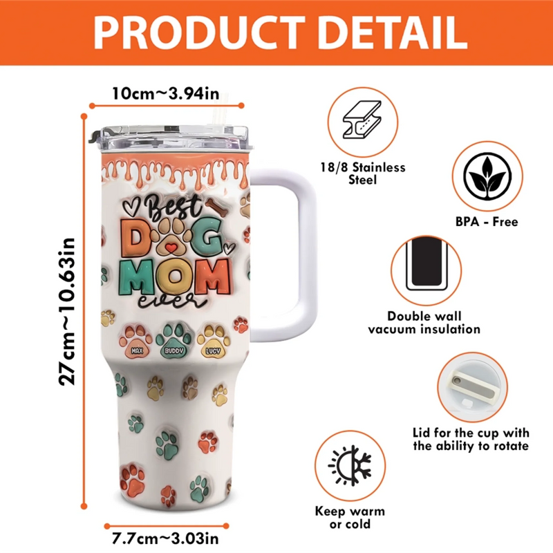Personalised 40oz Stainless Steel Tumbler with Handle (3D Inflated Effect) – Gift for Pet Lovers – Best Dog Mum Ever
