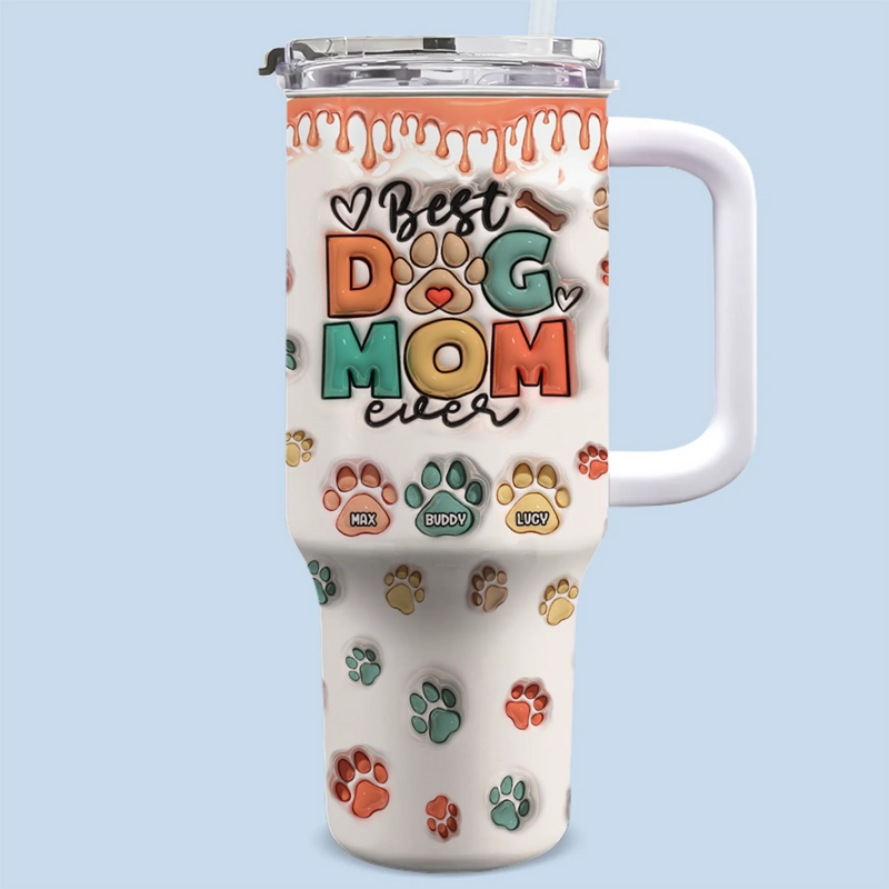 Personalised 40oz Stainless Steel Tumbler with Handle (3D Inflated Effect) – Gift for Pet Lovers – Best Dog Mum Ever