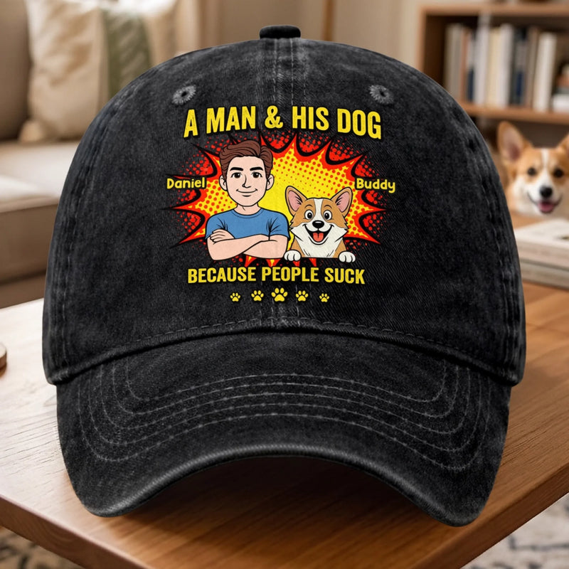 Personalised Vintage Washed Denim Cap – Birthday Gift for Dog Lovers or Dog Mum and Dad – People Kinda Suck Sometimes