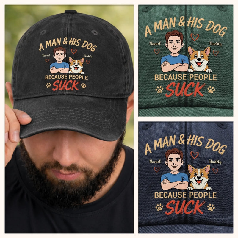 Personalised Vintage Washed Denim Cap – Birthday Gift for Dog Lovers or Dog Mum and Dad – People Suck Sometimes