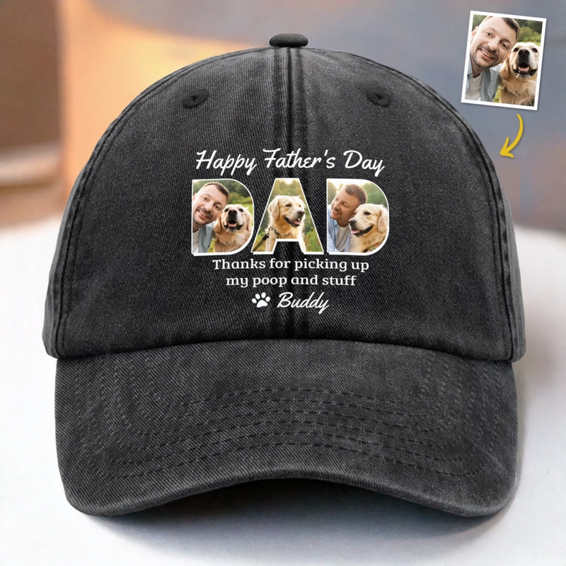 Personalised Photo Vintage Washed Denim Cap – Father's Day Gift For Pet Owners, Pet Lovers, Dod Dad – Thanks For My Mess