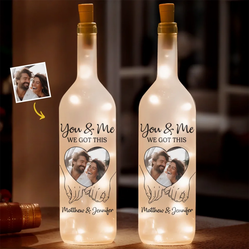 Personalised Photo Bottle Lamp - Anniversary Wedding Gifts For Couple - Hand In Hand, We Conquer All