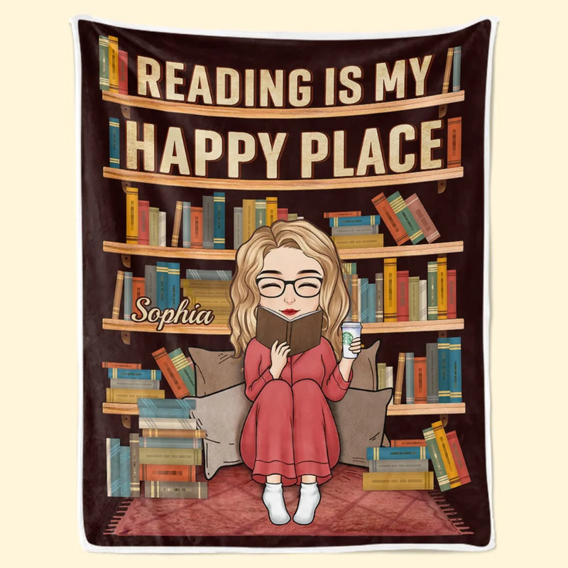 Personalised Blanket - Book Lover Gifts For Readers, Bookworms - Reading Is My Happy Place