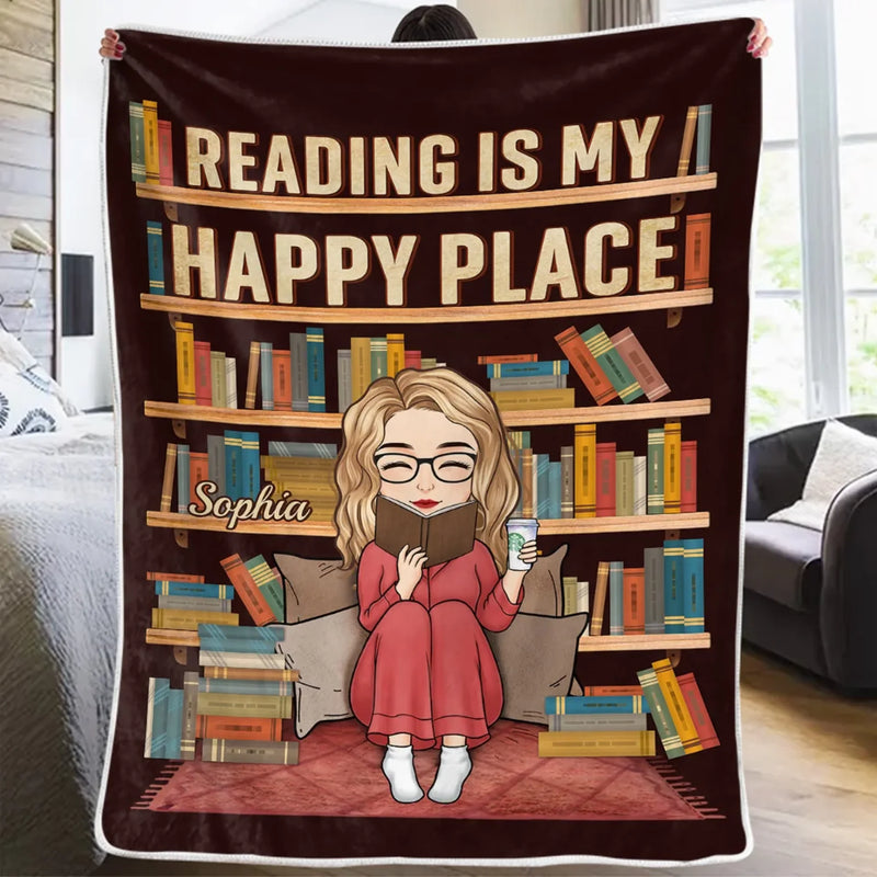 Personalised Blanket - Book Lover Gifts For Readers, Bookworms - Reading Is My Happy Place