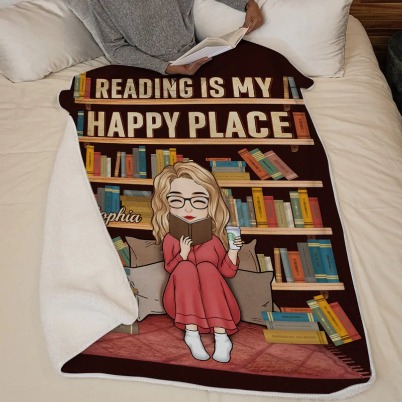 Personalised Blanket - Book Lover Gifts For Readers, Bookworms - Reading Is My Happy Place
