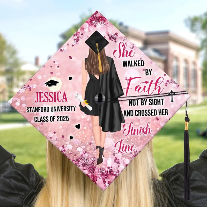 Personalised Graduation Cap - Meaningful Memorial or Graduation Gift - Walked By Faith And Crossed the Line