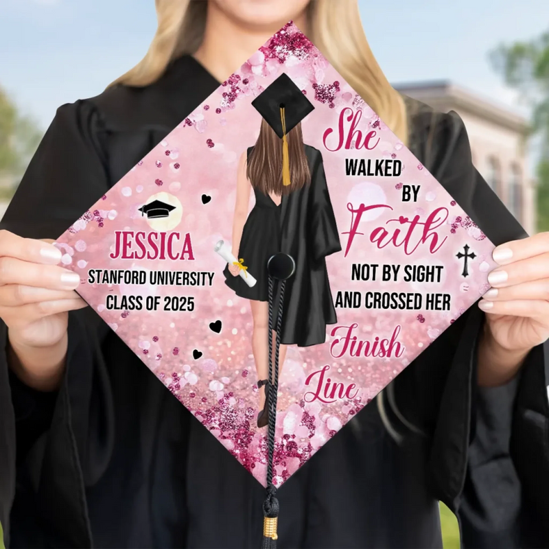 Personalised Graduation Cap - Meaningful Memorial or Graduation Gift - Walked By Faith And Crossed the Line