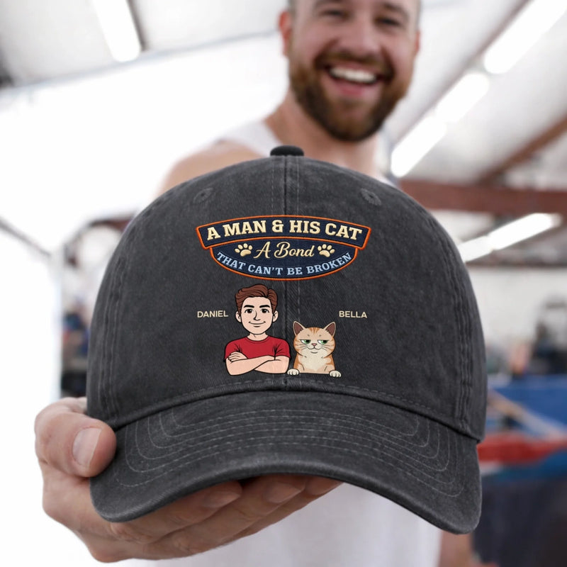 Personalised Vintage Washed Denim Cap - Birthday Gift for Cat Lovers or Cat Dad - My Pet My Joy