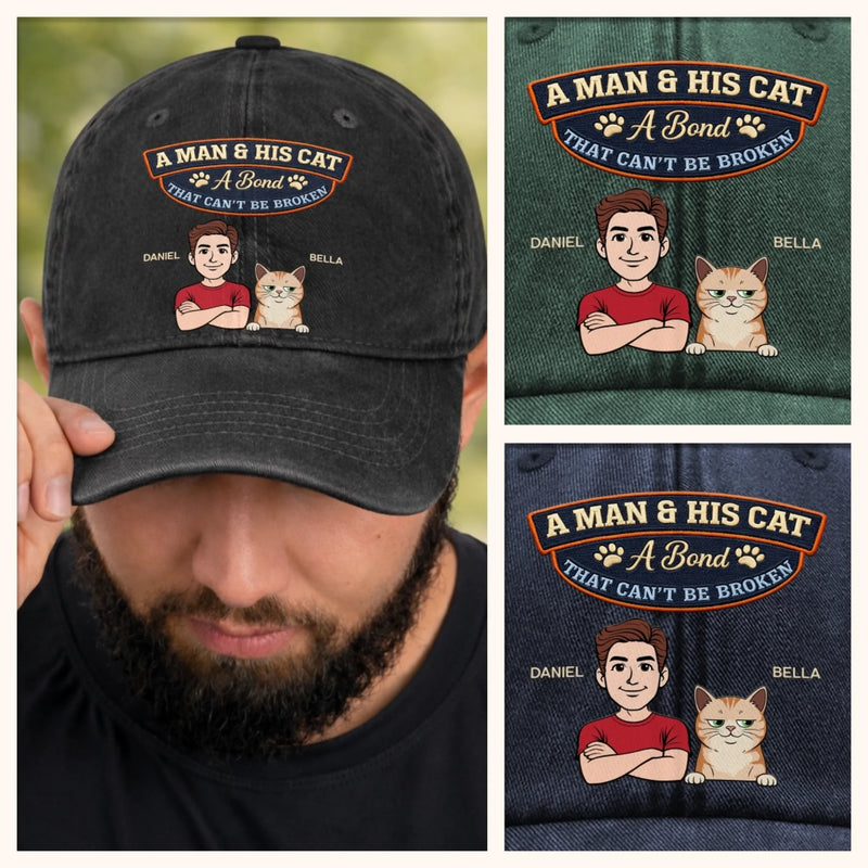 Personalised Vintage Washed Denim Cap - Birthday Gift for Cat Lovers or Cat Dad - My Pet My Joy