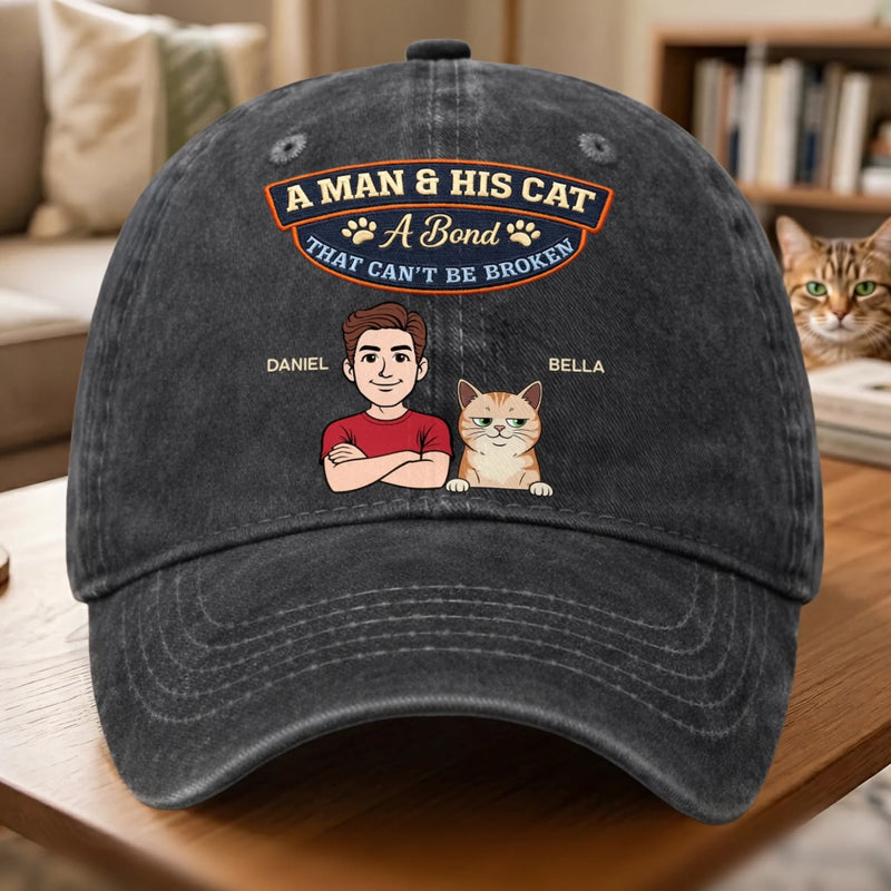 Personalised Vintage Washed Denim Cap - Birthday Gift for Cat Lovers or Cat Dad - My Pet My Joy