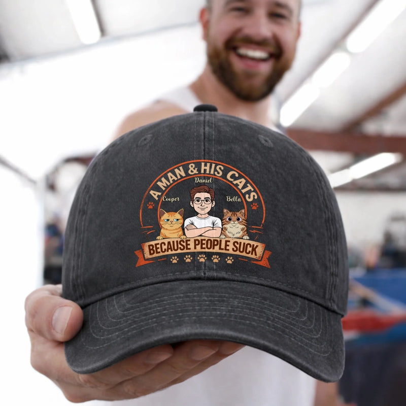 Personalised Vintage Washed Denim Cap – Father's Day Gift For Cat Dad – Thanks For My Chaos