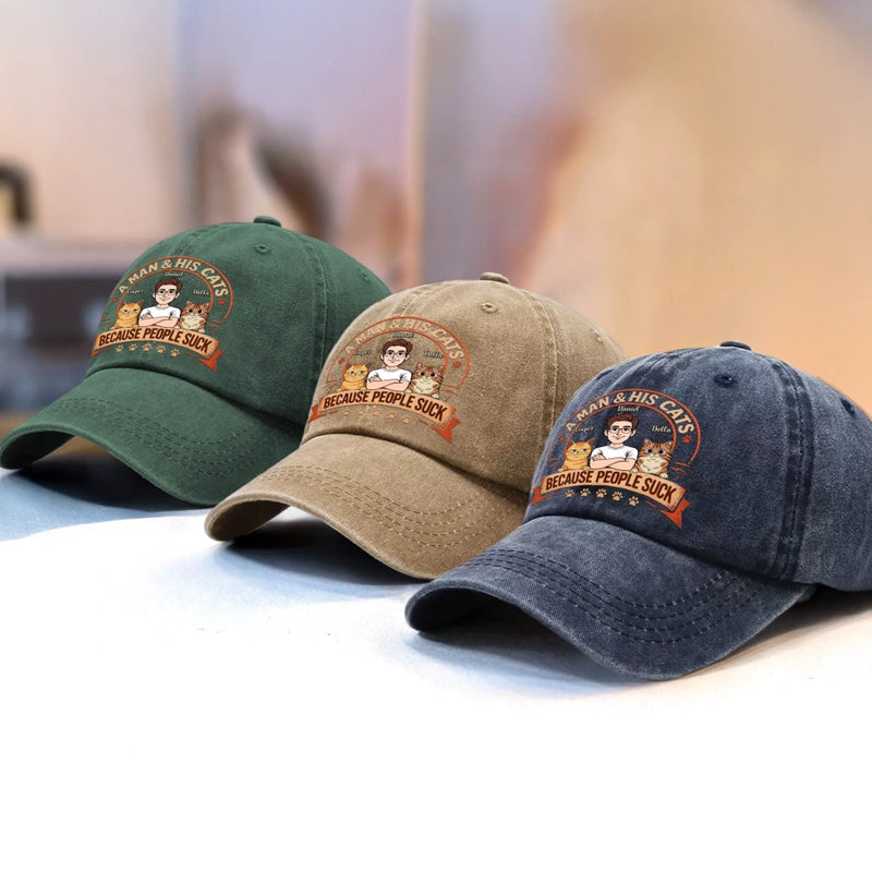 Personalised Vintage Washed Denim Cap – Father's Day Gift For Cat Dad – Thanks For My Chaos