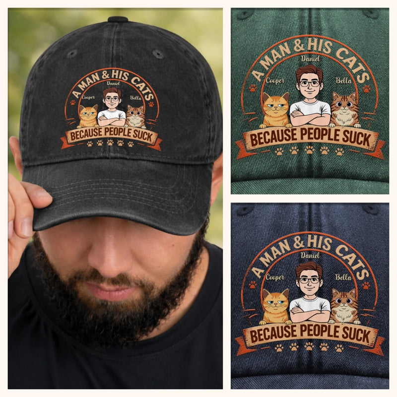 Personalised Vintage Washed Denim Cap – Father's Day Gift For Cat Dad – Thanks For My Chaos