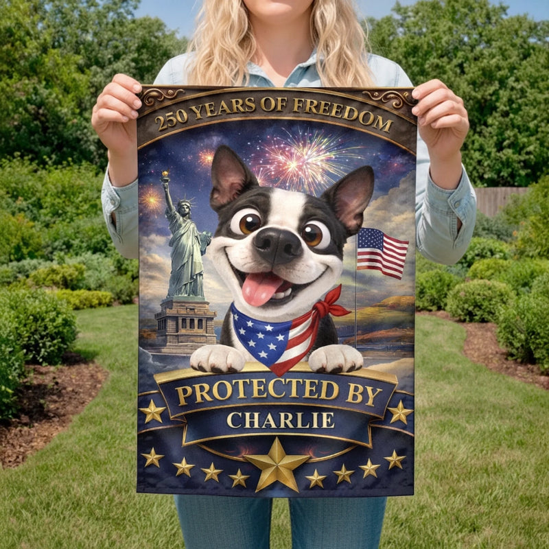 Personalised Flag - Birthday Garden America 250th Anniversary Gifts For Dog Lovers, Dog Dad And Mom - Stars, Stripes And Wagging Tails