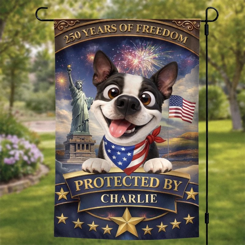 Personalised Flag - Birthday Garden America 250th Anniversary Gifts For Dog Lovers, Dog Dad And Mom - Stars, Stripes And Wagging Tails