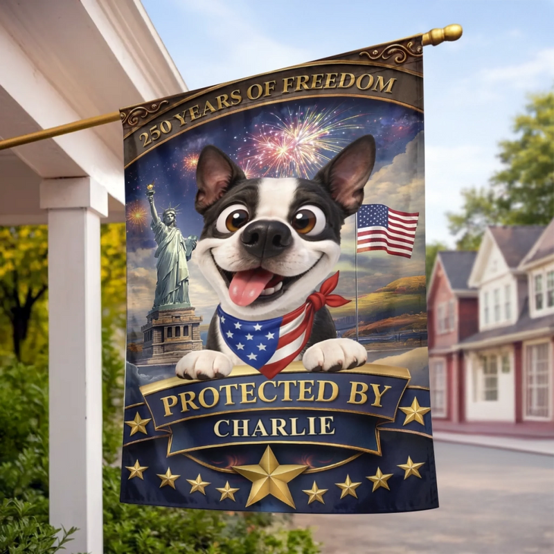 Personalised Flag - Birthday Garden America 250th Anniversary Gifts For Dog Lovers, Dog Dad And Mom - Stars, Stripes And Wagging Tails