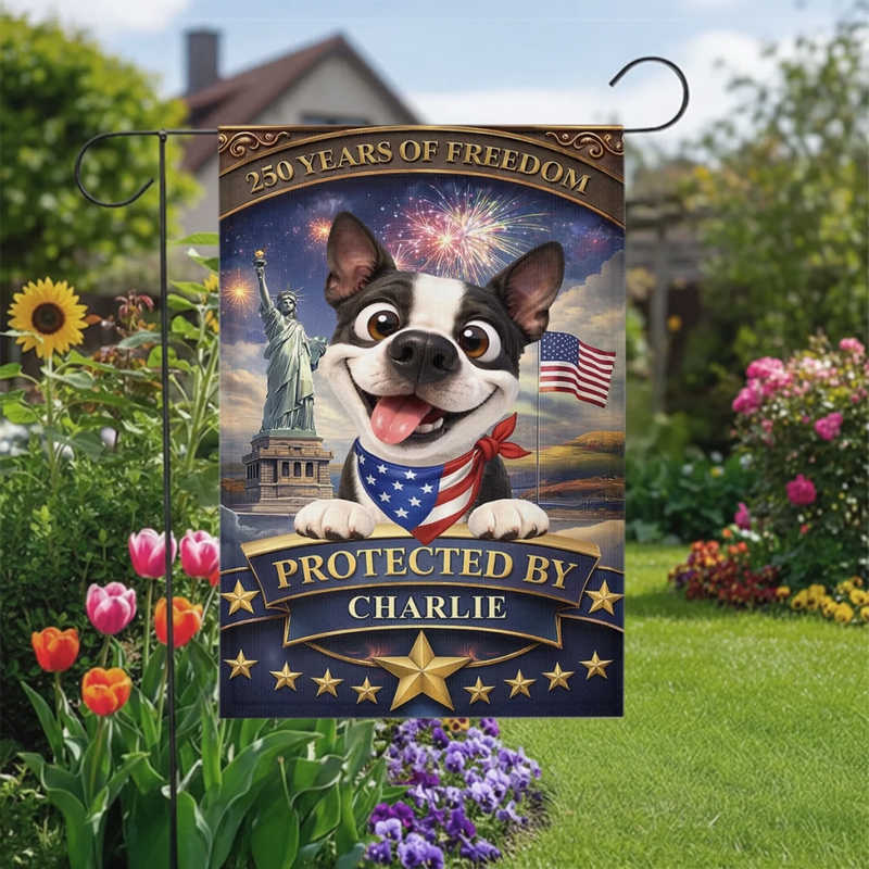 Personalised Flag - Birthday Garden America 250th Anniversary Gifts For Dog Lovers, Dog Dad And Mom - Stars, Stripes And Wagging Tails