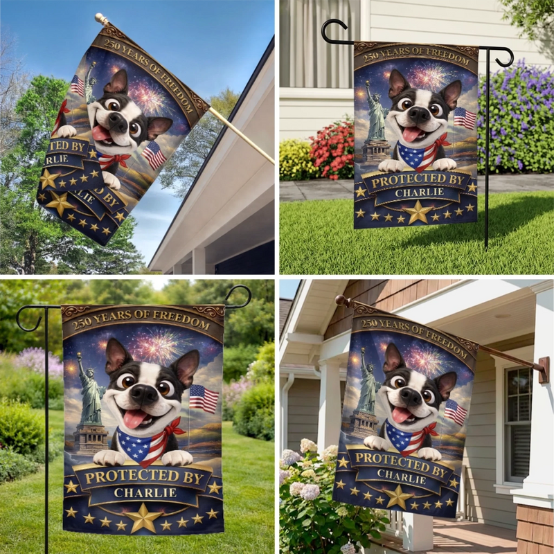 Personalised Flag - Birthday Garden America 250th Anniversary Gifts For Dog Lovers, Dog Dad And Mom - Stars, Stripes And Wagging Tails