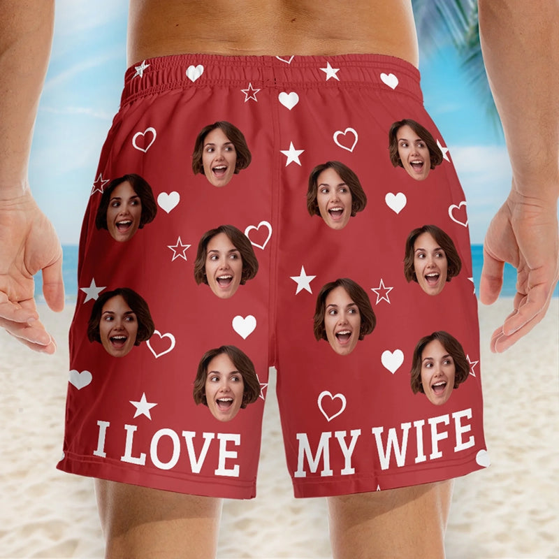 Personalised Photo Men Beach Shorts - Summer Vacation And Travel Gifts For Husband - Sunsets, Ocean & My Wife