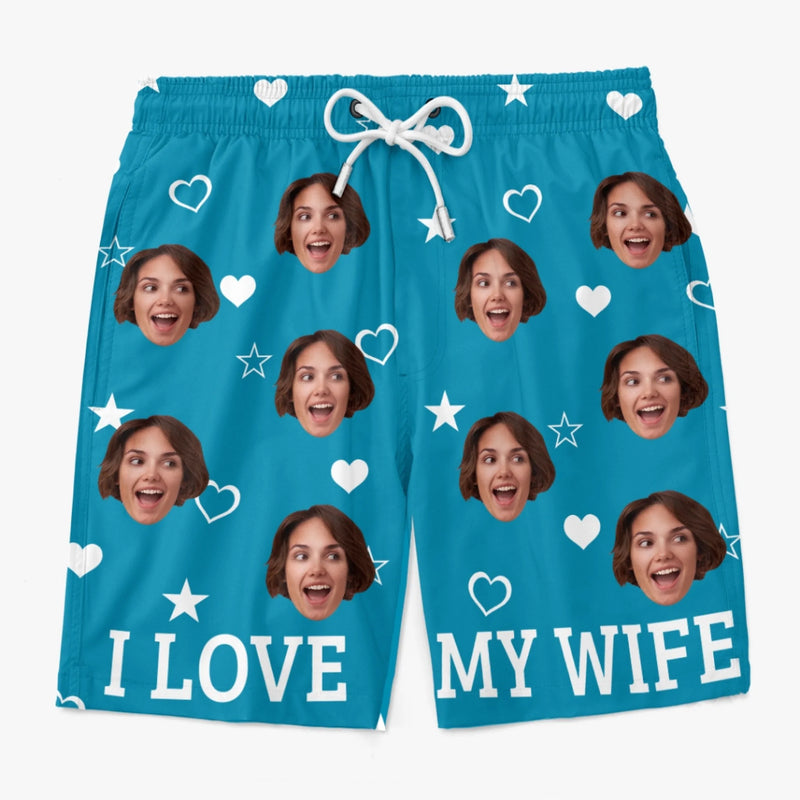 Personalised Photo Men Beach Shorts - Summer Vacation And Travel Gifts For Husband - Sunsets, Ocean & My Wife