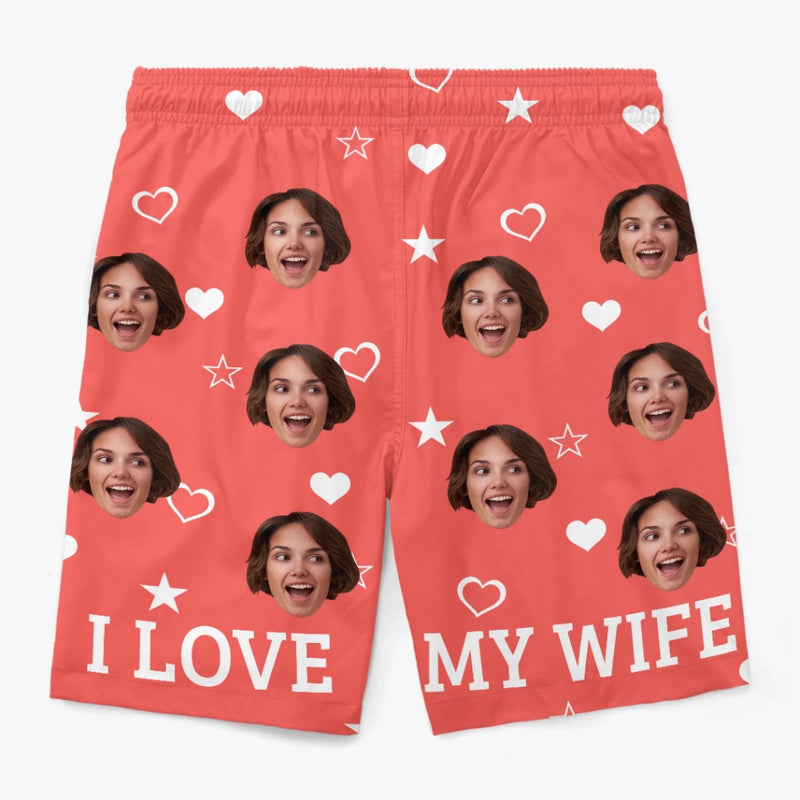 Personalised Photo Men Beach Shorts - Summer Vacation And Travel Gifts For Husband - Sunsets, Ocean & My Wife