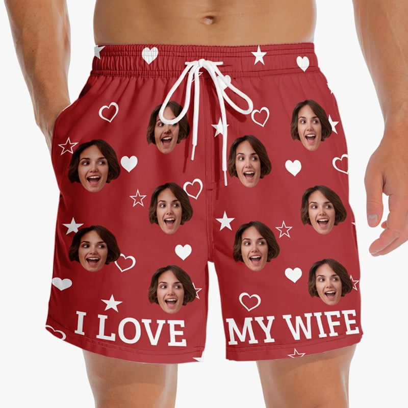 Personalised Photo Men Beach Shorts - Summer Vacation And Travel Gifts For Husband - Sunsets, Ocean & My Wife