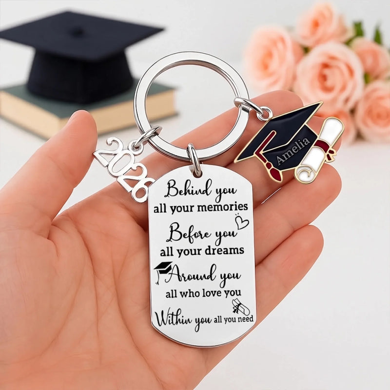 Memories Behind, Dreams Ahead, Love All Around - Family Personalized Custom Engraved Graduation Keychain - Graduation Gift For Family Members, Siblings, Brothers, Sisters