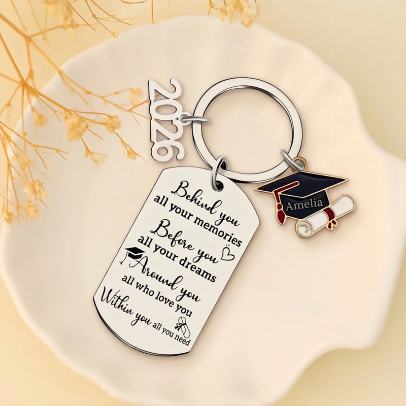 Memories Behind, Dreams Ahead, Love All Around - Family Personalized Custom Engraved Graduation Keychain - Graduation Gift For Family Members, Siblings, Brothers, Sisters
