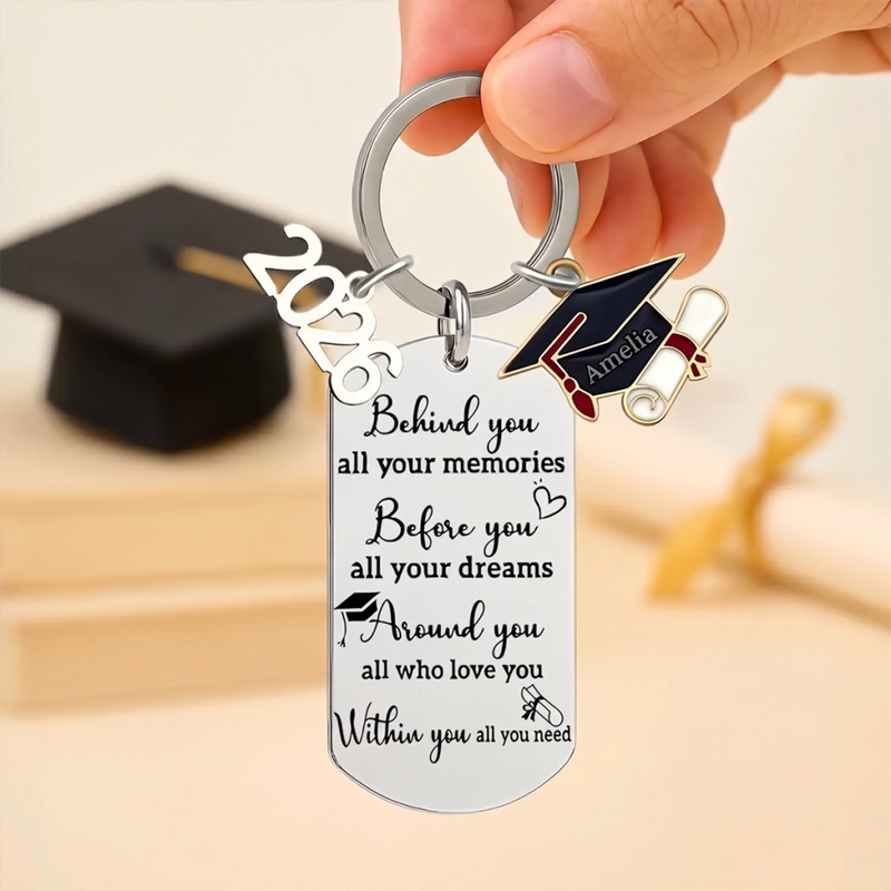 Memories Behind, Dreams Ahead, Love All Around - Family Personalized Custom Engraved Graduation Keychain - Graduation Gift For Family Members, Siblings, Brothers, Sisters