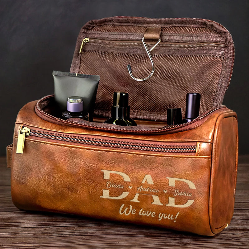 Custom Engraved Leather Toiletry Bag - Personalized Father's Day Birthday Gifts For Dad, Grandpa - Strong Hearts Start With Dad
