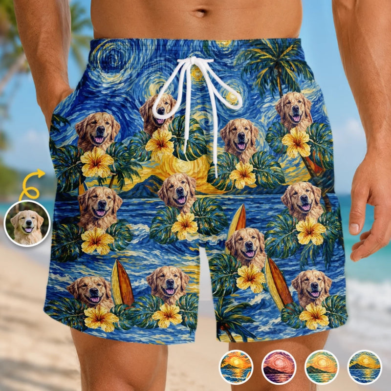 Custom Photo Tropical Hawaiian Aloha Men Beach Shorts - Personalised Summer Vacation And Travel Gifts For Dog Cat Lovers, Dog Dad And Mum, Cat Owners - Starry Nights, Puppy Days